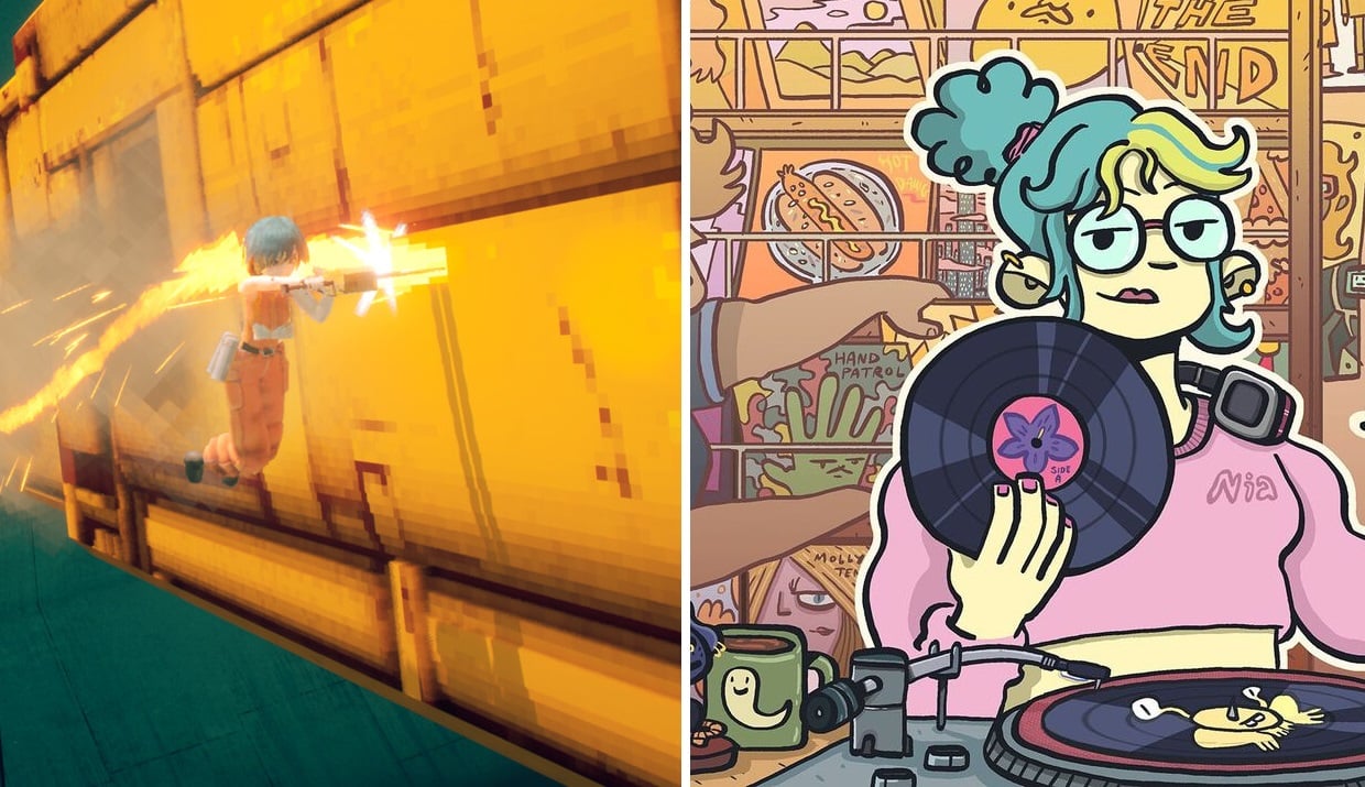 One woman cuts metal while another holds up a vinyl.